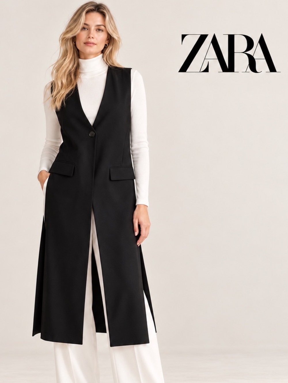 🌸ZARA Black Tailored Vest Overlay Midi length size M Minimalist Contemporary
